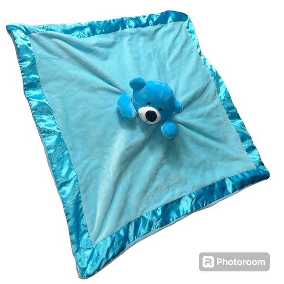 KIDS OF AMERICA Blue Teddy Bear Security Blanket Baby Lovey Velour Satin 18” - Picture 1 of 2